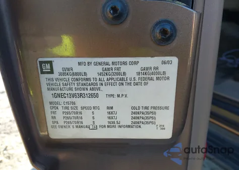 2003 Chevrolet Tahoe Ls z USA, uszkodzony, nr VIN 1GNEC13V63R312650